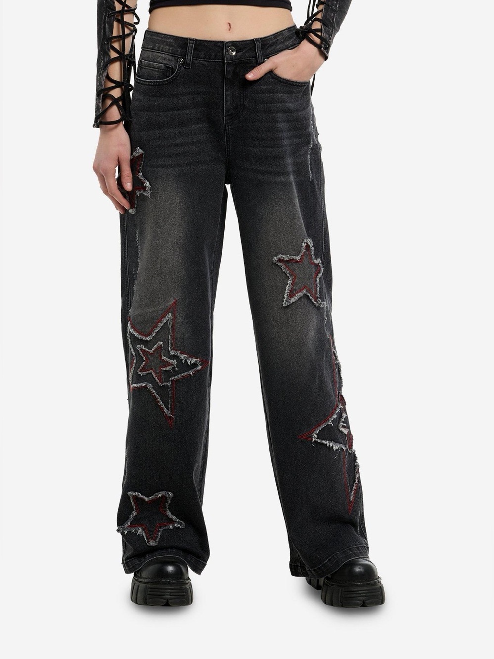 Hot Topic Red and Gray Distressed Stars Wide Leg Jeans